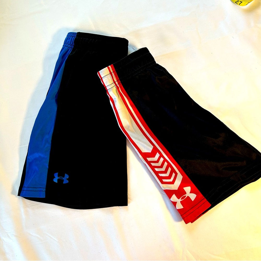 Boy’s Under Armour shorts, size 5, blue and black, red and white, 2 pair